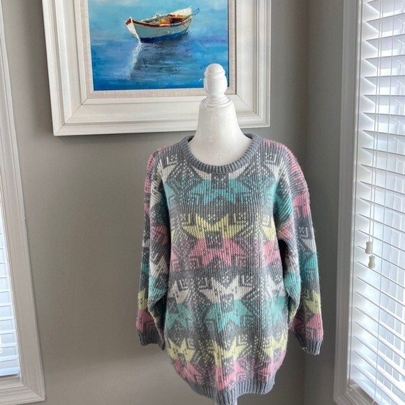 Vintage 80s Croquet Club Gray Crewneck Snowflake Winter Sweater Size Large - Picture 1 of 13